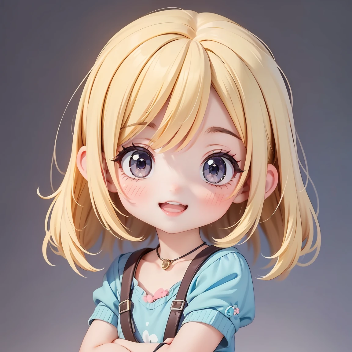 Super Chibi Character:1.8、wearing cute sandals、background:Simple all over、Blonde Hair、Cute 7 year old girl、Random cute outfits、Random and over-the-top poses:1.8、Looking this way、Super Happy Smile:1.8