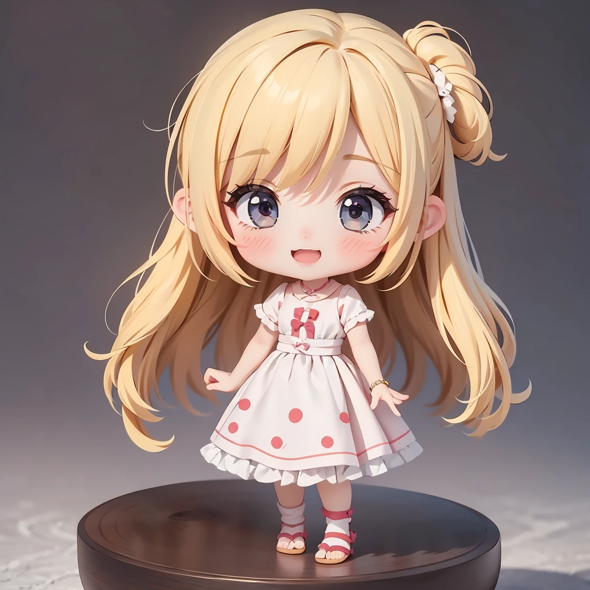  Super Chibi Character：1.8、wearing cute sandals、background：Simple all over、Blonde Hair、Cute 7  girl、Random cute outfits、Random and over-the-top poses：1.8、Looking this way、Super Happy Smile：1.8