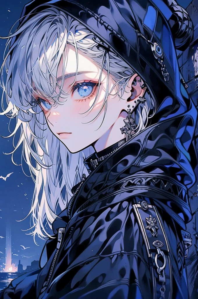 Black hoodie,Wearing a hood,
male,Silver Hair,Spiky Hair,The visuals are,On the face,Slums,Beautiful Blue Eyes,Jewelry Eye