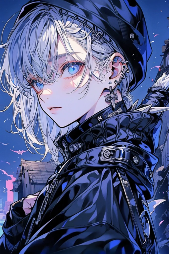 Black hoodie,Wearing a hood,
male,Silver Hair,Spiky Hair,The visuals are,On the face,Slums,Beautiful Blue Eyes,Jewelry Eye