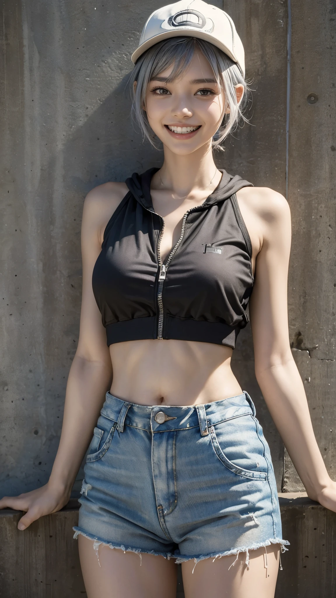 masterpiece, Highest quality, Very detailed, 8K, Realistic,Healthy Skin, ((Toothy smiling portrait:1.4))One Girl, alone, Tomboy, Very detailed face, (head shot:1.5), Standing in front of a wall covered in hip hop graffiti, Pixie cut silver hair, She is wearing a short tank top and an open-zipped hoodie...,I can see your chest,Nice ass,Wear a New Era cap,Look forward