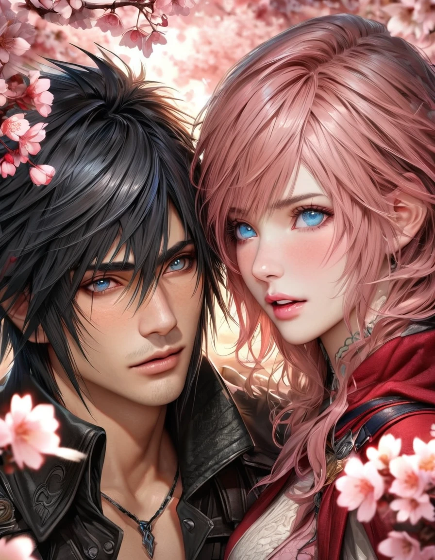 Ultra detailed, HDR, Highres, absurdres, master piece, Claire Farron, wavy pink short hair, expressive aqua pale eyes, Lightning Farron, Final Fantasy XIII, Noctis Lucis Caelum, black hair, expressive blue eyes, Final Fantasy XV, a beautiful woman together with a handsome man, couple, love, realistic face, fantasy, magical, white feathers, pink petals, best quality, white and black clothes with patterns, red cape, blossoms, pink flowers, cherry blossoms