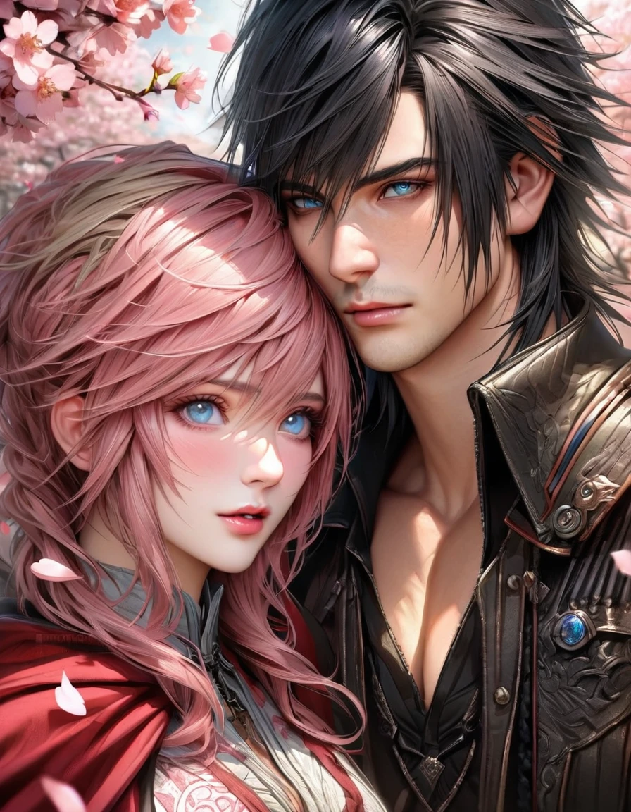 Ultra detailed, HDR, Highres, absurdres, master piece, Claire Farron, wavy pink short hair, expressive aqua pale eyes, Lightning Farron, Final Fantasy XIII, Noctis Lucis Caelum, black hair, expressive blue eyes, Final Fantasy XV, a beautiful woman together with a handsome man, couple, love, realistic face, fantasy, magical, white feathers, pink petals, best quality, white and black clothes with patterns, red cape, blossoms, pink flowers, cherry blossoms