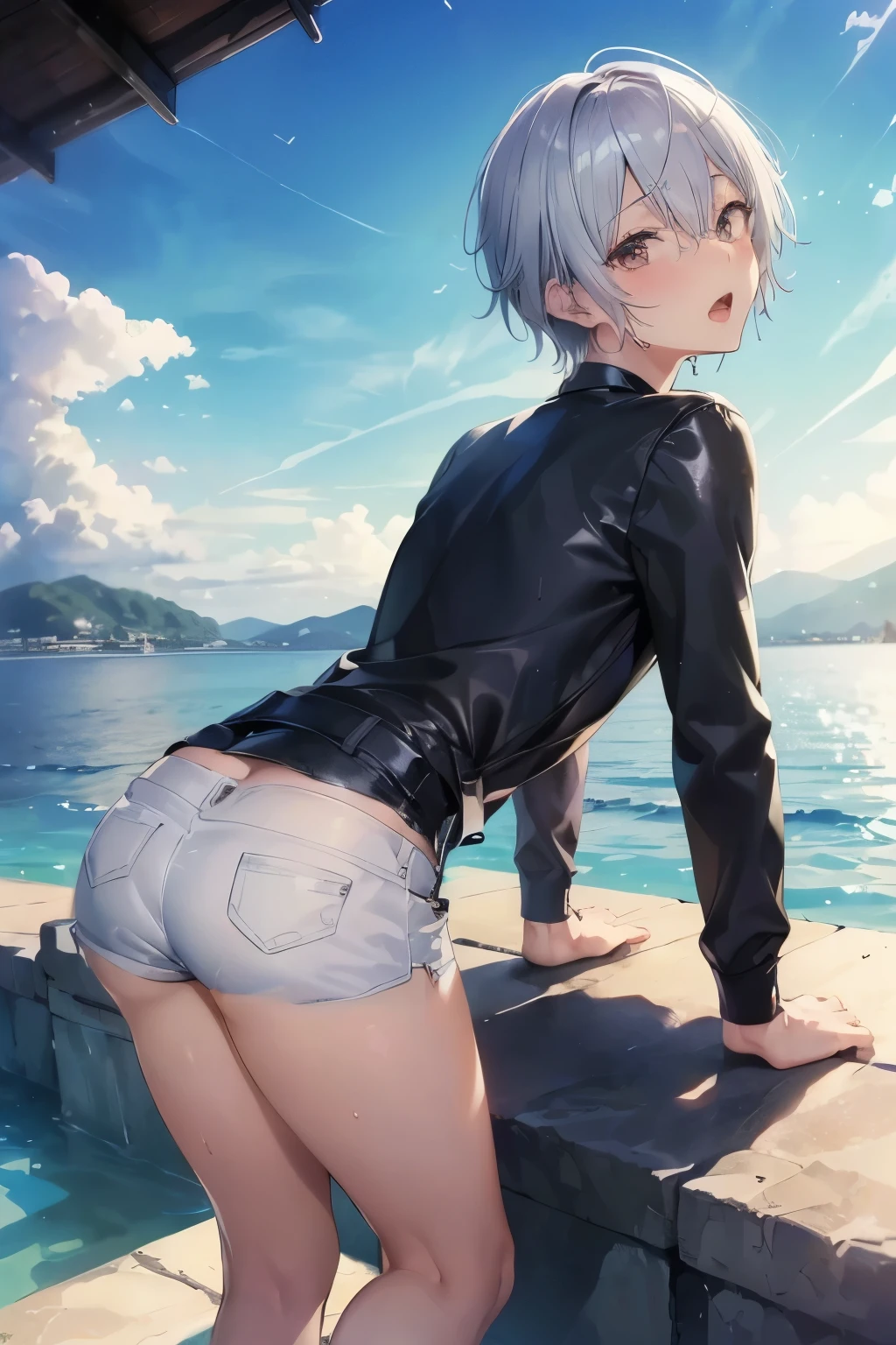 Kimishima Ikuto、、（1:boy)、(Hairstyle:Silver short hair,Silver Hair、Wet Hair)、Slanted Eyes、Brown eyes、Perfect Anatomy、(Landscape),hands on knees、Leaning forward、(Small ass in shorts）、Wide Eyes、Open Mouth