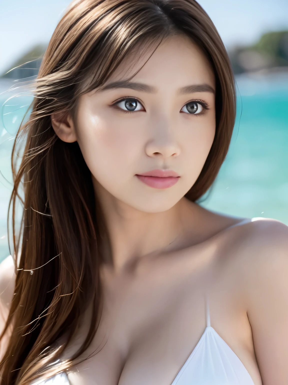 masterpiece、1 beautiful girl、 (reality: 1.4), Japanese、Asian Beauty、so beautiful、Beautiful Skin、thin、(Upper Body)、(超reality的な)、(High resolution)、(8K)、(Very detailed)、(Fine and beautiful eyes)、(Very detailedな)、Big eyes、Brown eyes、Long eyelashes、Detailed face、Gloss Lip,Bright lighting、Professional Lighting、Looking at the camera、Serious expression、Look straight ahead、Long Hair、Brown Hair、Seascape、Nogizaka idol、actress、20-year-old、Big Breasts、Big Breasts、Wet Skin、Micro Bikini、Cleavage cutout、、Moist and realistic skin texture、Moist lips、Natural Shadows、(Please raise your hand),Browsing Caution,