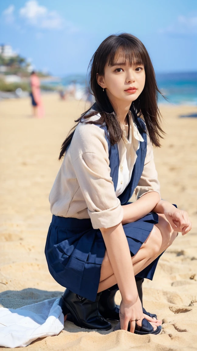 (((Top-down configuration:1.33)))、((No underwear:1.55))、One Girl、Beautiful and detailed eyes and face、barefoot、20 year old cute Japan woman, ((Extremely precise and accurate anatomy:1.0)), (photo Realistic:1.4), (hyper Realistic:1.4), (最高品質のRealisticな肌の質感:1.4), (Improvement of quality:1.4), (Enhances the beauty of skin texture:1.1), Clean and glowing skin, mesh, thin:1.2, (Realistic:1.3), Realisticなライティング, (Smoother lighting:1.05), (Improving the quality of cinema lighting:0.9), Backlight, A gentle light on your face, Ray Tracing, (Bright light:1.2), 32k, One Japanese woman, fine grain, Detailed face, (Film Grain:1.1),(Accentuates body lines:1.1), High resolution, Natural look, Kind eyes, Improves hair quality, Delicate light and shadow, Transparent muscles, Graceful pose, Beautiful Eyes, Sharp details, Soft light reflection, Beautiful contours, Delicate skin tone, Fine hair texture, Natural background, (((sunny day、Beach、A strong wind is blowing、Her hair and skirt are flying、Squat, Traditional navy blue sailor uniform、Open shirt、Pleated skirt、Scooping seawater with hands:1.25、splash、Sandy Beach、Light of the sun、clear blue sea、The waves crash quietly、Blue sky and white clouds、green mountain々、Beautiful Nature、The joys of youth)))、
