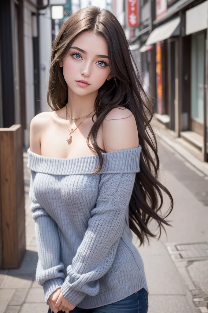 1Girl 24 years old, only, long hair, midsize , looking at viewer, brunette hair, bare shoulders, blue eyes, jewelry, full entire body, necklace, off the shoulder, grey sweater, lips, realistic, nose, flirting with the camera, doing a photoshoot in a japanese city