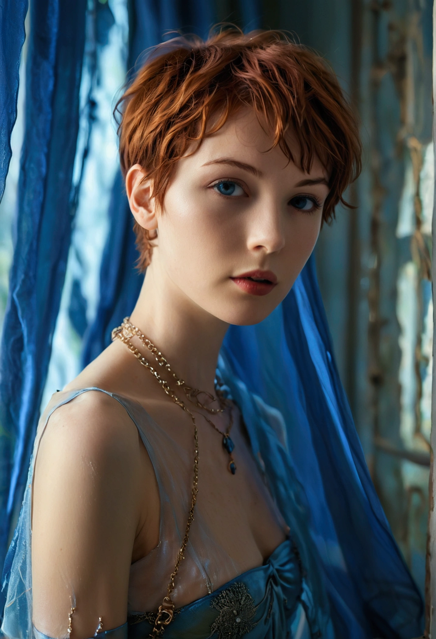 RAW photo, a full body photo of ceciliadeo1sd,auburn hair, short pixie haircut, pale skin, slim body, room background, blue silk veil,thin silk chain belt, (high detailed skin:1.2), 8k uhd, dslr, soft lighting, high quality, film grain, Fujifilm XT3