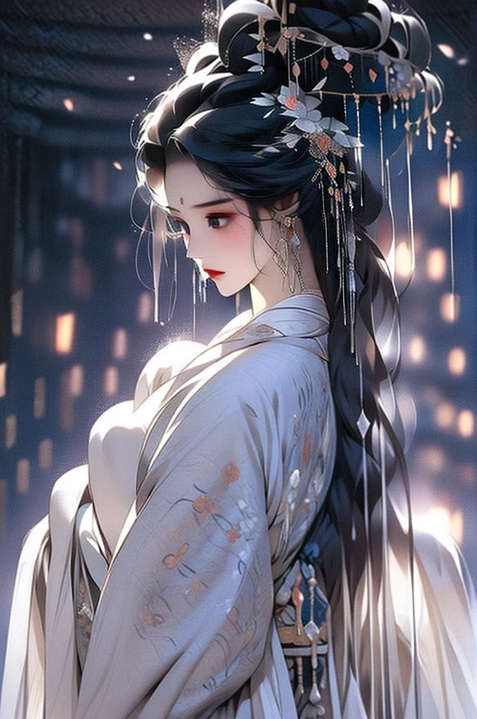 Black Hair, Immortal Cultivation, Royal sister, White Robe, hime cut, hair scrunchie, Romanticism, Gothic art, ray tracing, cinematic lighting, first-person view, Sony FE GM, tachi-e, anatomically correct, masterpiece