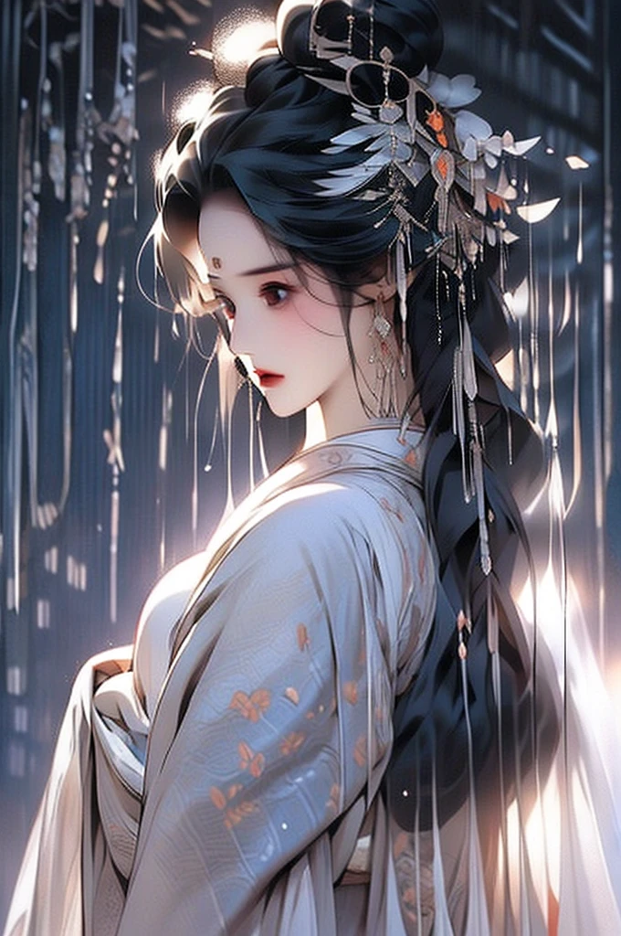 Black Hair, Immortal Cultivation, Royal sister, White Robe, hime cut, hair scrunchie, Romanticism, Gothic art, ray tracing, cinematic lighting, first-person view, Sony FE GM, tachi-e, anatomically correct, masterpiece