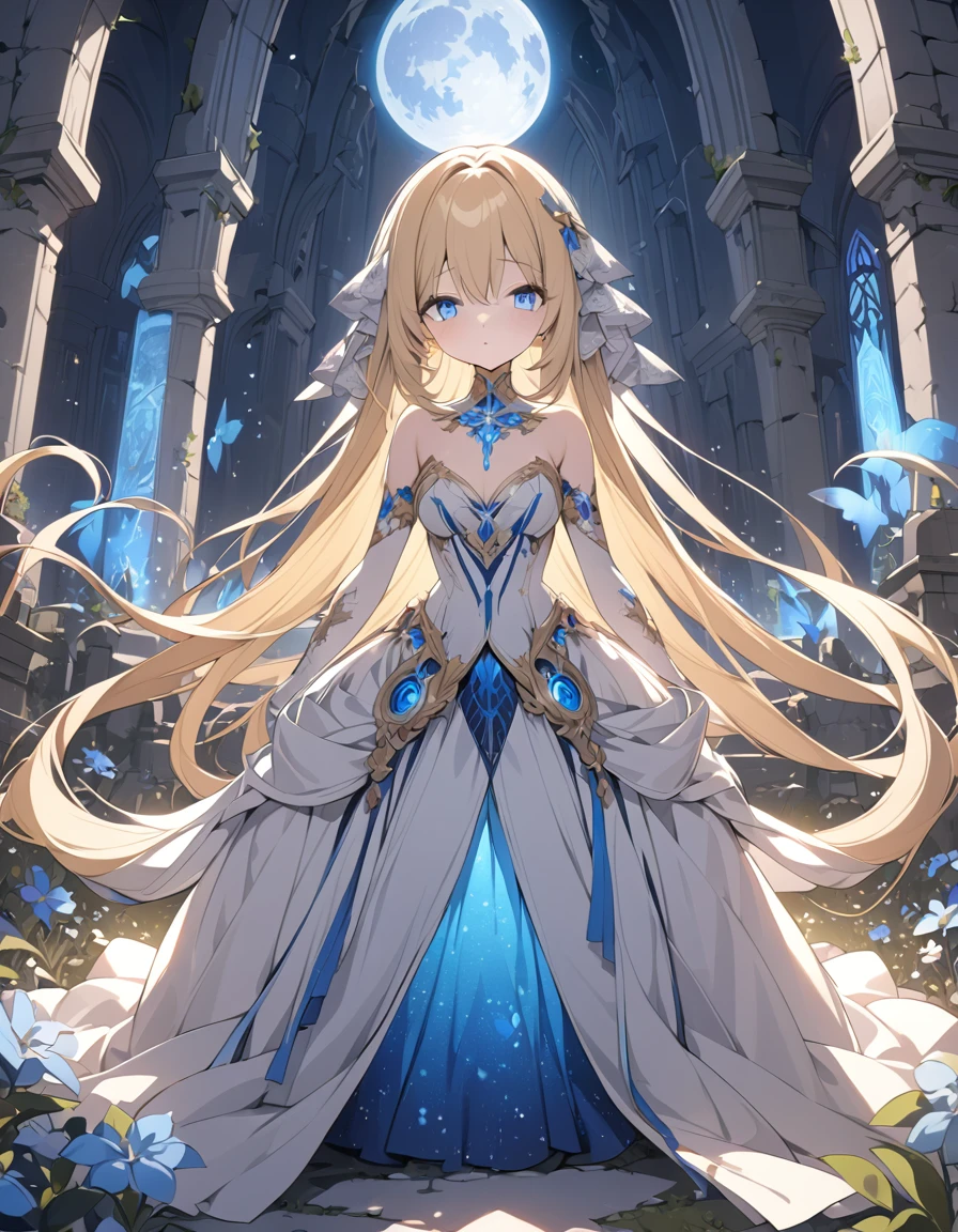 ((Masterpiece)), (Best quality), (Solo), High-resolution, Extremely detailed CG wallpaper, showcasing an exhilarating scene with a beautiful girl in the foreground, ((long flowing golden hair)), dressed in a stunning gown that shimmers under the moonlight. Surrounding her is a meadow of blue glowing flowers, where ancient ((church)) ruins and medieval tombstones add an air of ((sacredness)). The girl's ((cute)) and ((detailed)) face, with ((blue glowing eyes)) and delicate features, captures the viewer's attention. The intricately detailed light, emanating from the moon and heavy