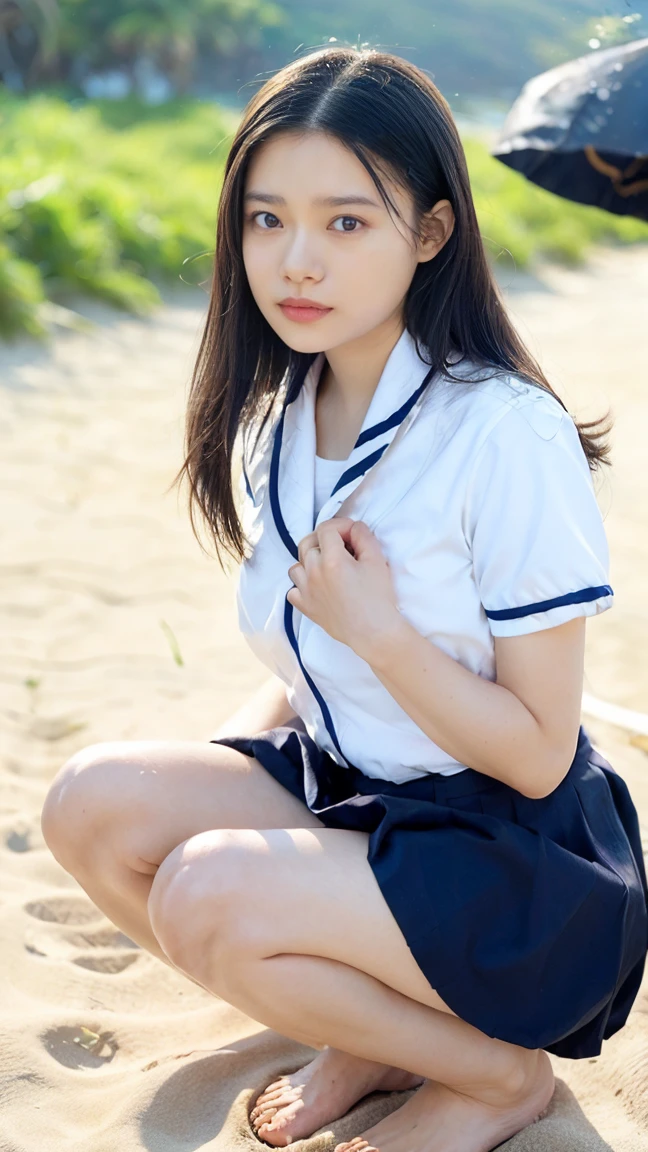 (((Top-down configuration:1.33)))、((No underwear:1.55))、One Girl、Beautiful and detailed eyes and face、barefoot、20 year old cute Japan woman, ((Extremely precise and accurate anatomy:1.0)), (photo Realistic:1.4), (hyper Realistic:1.4), (最高品質のRealisticな肌の質感:1.4), (Improvement of quality:1.4), (Enhances the beauty of skin texture:1.1), Clean and glowing skin, mesh, thin:1.2, (Realistic:1.3), Realisticなライティング, (Smoother lighting:1.05), (Improving the quality of cinema lighting:0.9), Backlight, A gentle light on your face, Ray Tracing, (Bright light:1.2), 32k, One Japanese woman, fine grain, Detailed face, (Film Grain:1.1),(Accentuates body lines:1.1), High resolution, Natural look, Kind eyes, Improves hair quality, Delicate light and shadow, Transparent muscles, Graceful pose, Beautiful Eyes, Sharp details, Soft light reflection, Beautiful contours, Delicate skin tone, Fine hair texture, Natural background, (((sunny day、Beach、A strong wind is blowing、Her hair and skirt are flying、Squat, Traditional navy blue sailor uniform、Open shirt、Pleated skirt、Scooping seawater with hands:1.25、splash、Sandy Beach、Light of the sun、clear blue sea、The waves crash quietly、Blue sky and white clouds、green mountain々、Beautiful Nature、The joys of youth)))、