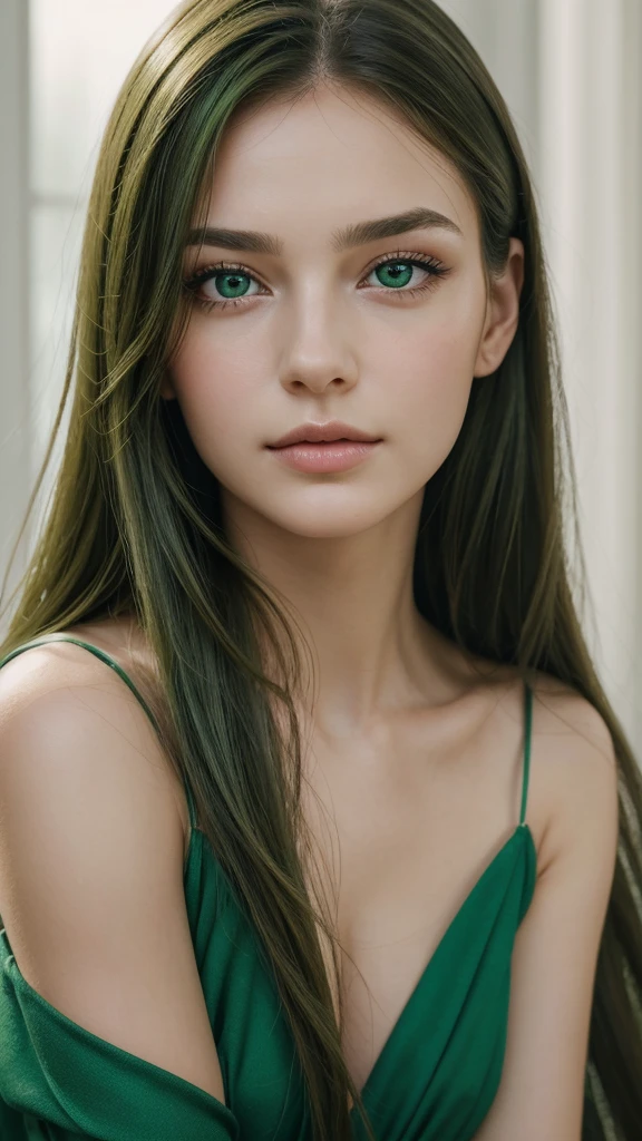 portrait, a European woman, highly detailed facial features, Captivating eyes, oval face, her hair is entirely green, Her face is very charming, wistful charm, flawless complexion, sharp chin