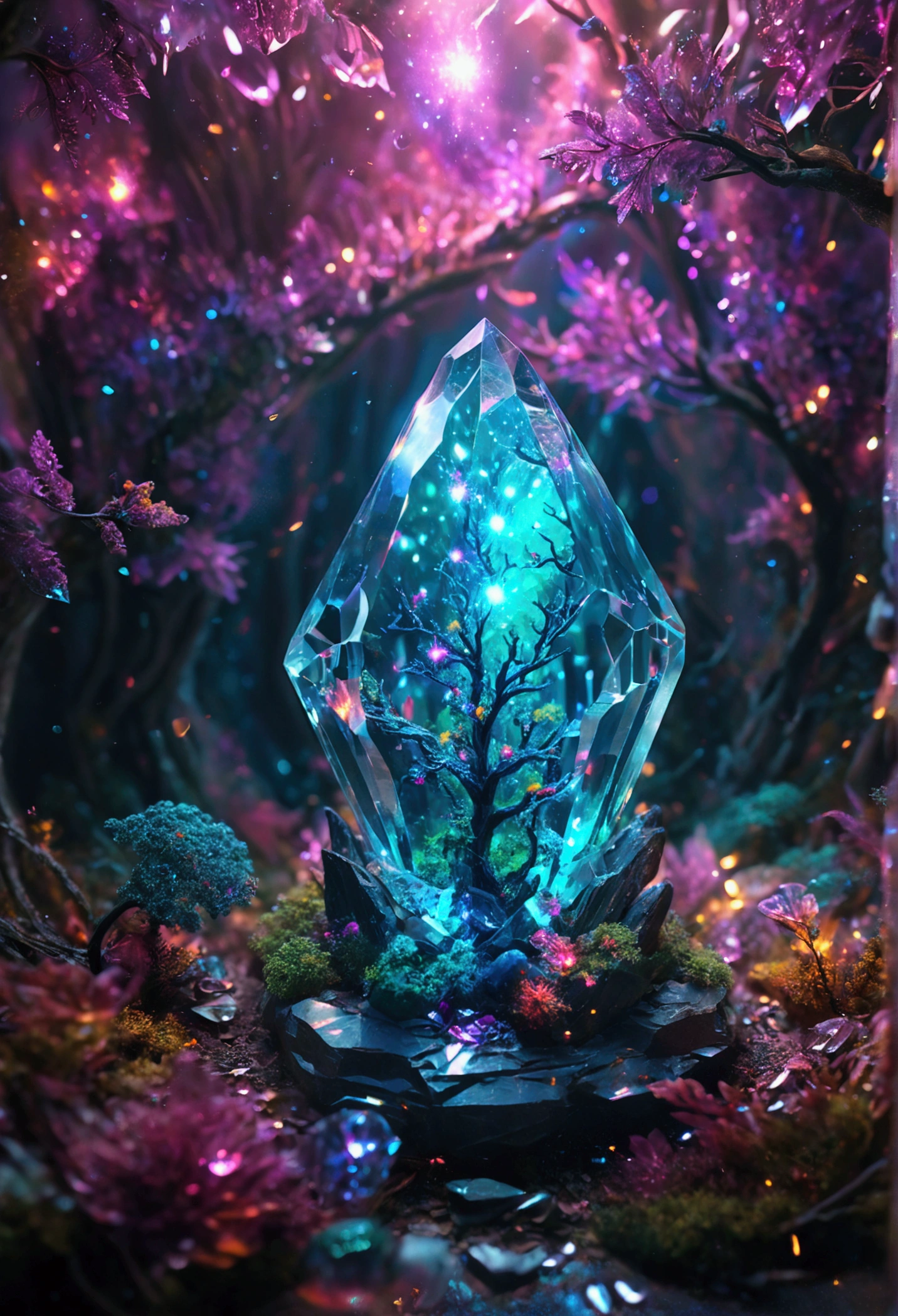 (An intricate galaxy trapped in a crystal), atmospheric Oliva lighting, enchanting forest, 4k UHD, dark vibes, sparkling lights, hyper detailed, vibrant colors forest background, epic composition, octane render, sharp focus, high resolution isometric