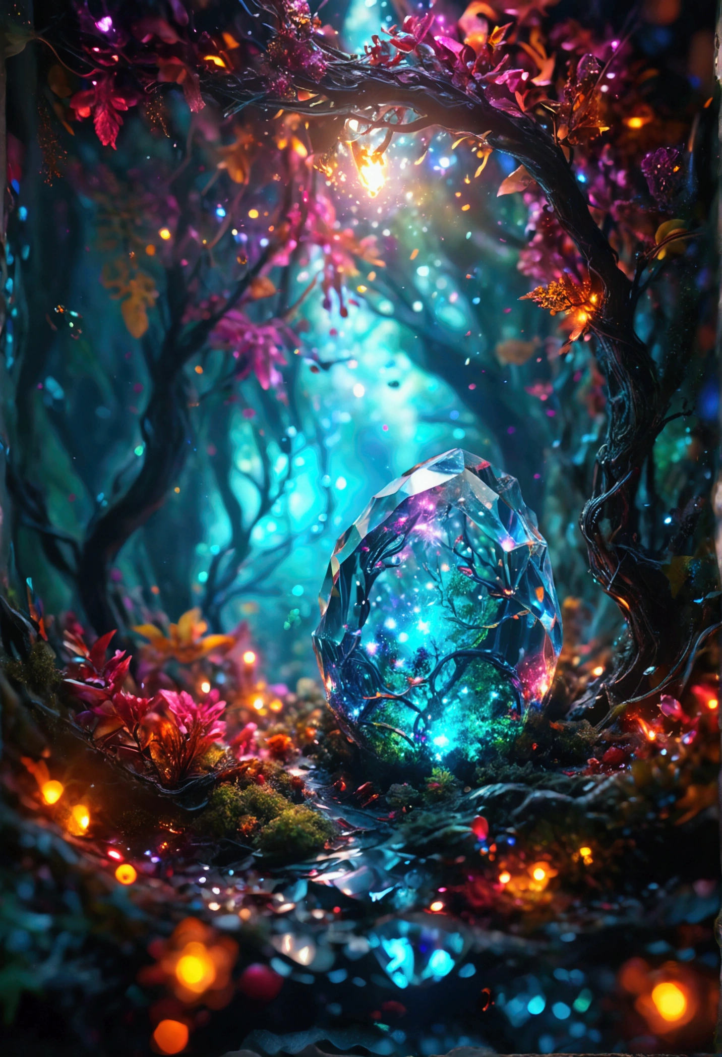 (An intricate galaxy trapped in a crystal), atmospheric Oliva lighting, enchanting forest, 4k UHD, dark vibes, sparkling lights, hyper detailed, vibrant colors forest background, epic composition, octane render, sharp focus, high resolution isometric