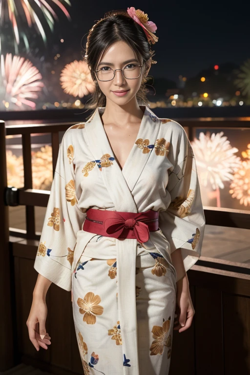 masterpiece, best quality, ultra quality, high quality, realistic, photo realistic, warm lighting,natural lighting,cinematic lighting,RAW photo, hyper detailed, intricate detailed, perfect anatomy, Fujifilm XT3,(cowboy shot),1 woman, Japanese beautiful woman,babyface,brown very short twintail hair over one eye,
(wearing flower pattern yukata,obi:1.4),(medium breasts:1.2),(slender body:1.2),sweaty, tan skin,sunburn tanline,smile,black eyes,(park),(night),((fireworks)),looking at viewer,(park),(night),((fireworks)), (standing,(Glasses:1.3),(from head to knee shot),
