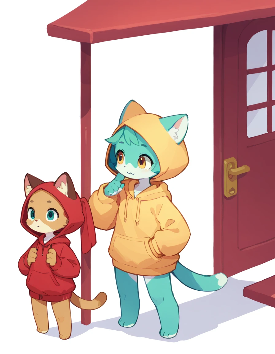 The Q version of the cute cat, kemono, spying behind a corner, sirprised expresión, cute, white background, hoodie, full body
