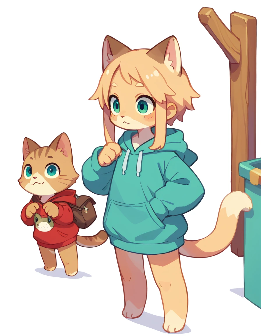 The Q version of the cute cat, kemono, spying behind a corner, sirprised expresión, cute, white background, hoodie, full body
