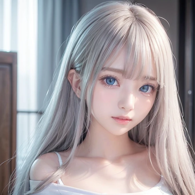 silver shiny hair、Super long straight silky hair、Dazzling blonde super long silky hair、16 years old cute little beautiful face、A beautiful girl、Sparkling blonde dancing in front of a pretty face、Long, silky bangs that cover the space between the eyes、Very beautiful, bright, large, light blue eyes、Very big eyes、Hair that hides the face、Sexy pretty young woman with super long bangs、Very white skin、Cheek gloss highlighter、Small Face Beauty、Round face、Cute Shirts、Ample Bust, embarrassed face、Skinny jeans and t-shirt、