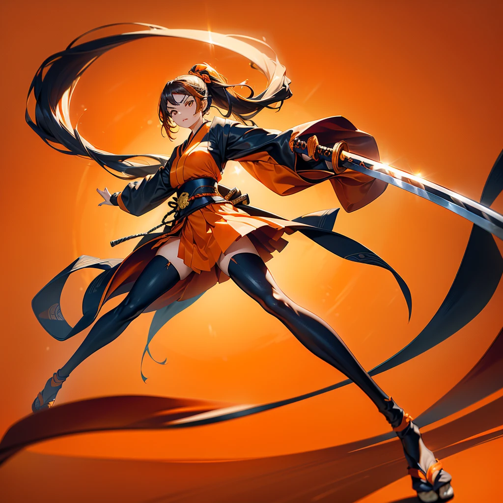 Dynamic configuration、((Perspective Lens, Woman with long hair,  Dynamic poses with serious and mean expressions, Swinging something large with both hands, Long Japanese sword )) ((Pure Orange Background:1.2)),Anime Style、Fine grain、Perfectly toned body、she&#39;Early 20s,Shooting on the move,Her long braided hair sways. Her outfit is reminiscent of a butterfly,Black and yellow color palette,Playful.,Neon color line fractal art、