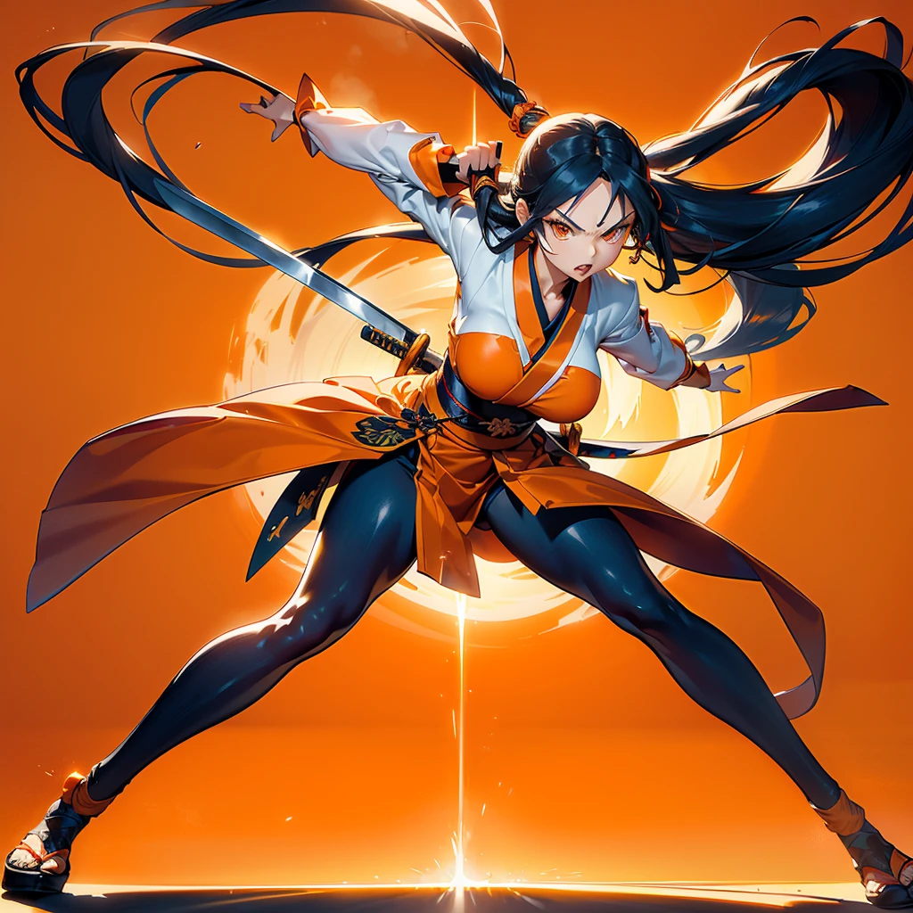 Dynamic configuration、((Perspective Lens, Woman with long hair,  Dynamic poses with serious and mean expressions, Swinging something large with both hands, Long Japanese sword )) ((Pure Orange Background:1.2)),Anime Style、Fine grain、Perfectly toned body、she&#39;Early 20s,Shooting on the move,Her long braided hair sways. Her outfit is reminiscent of a butterfly,Black and yellow color palette,Playful.,Neon color line fractal art、