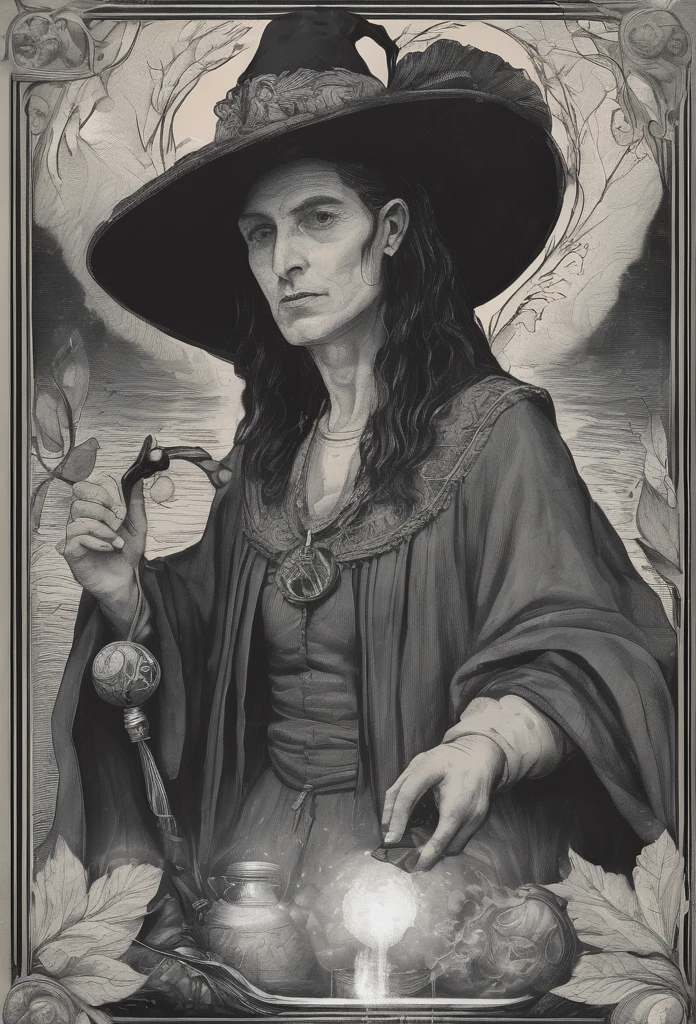 The magician with four elements (TAROT) full details, realistic, magical style (witch theme)