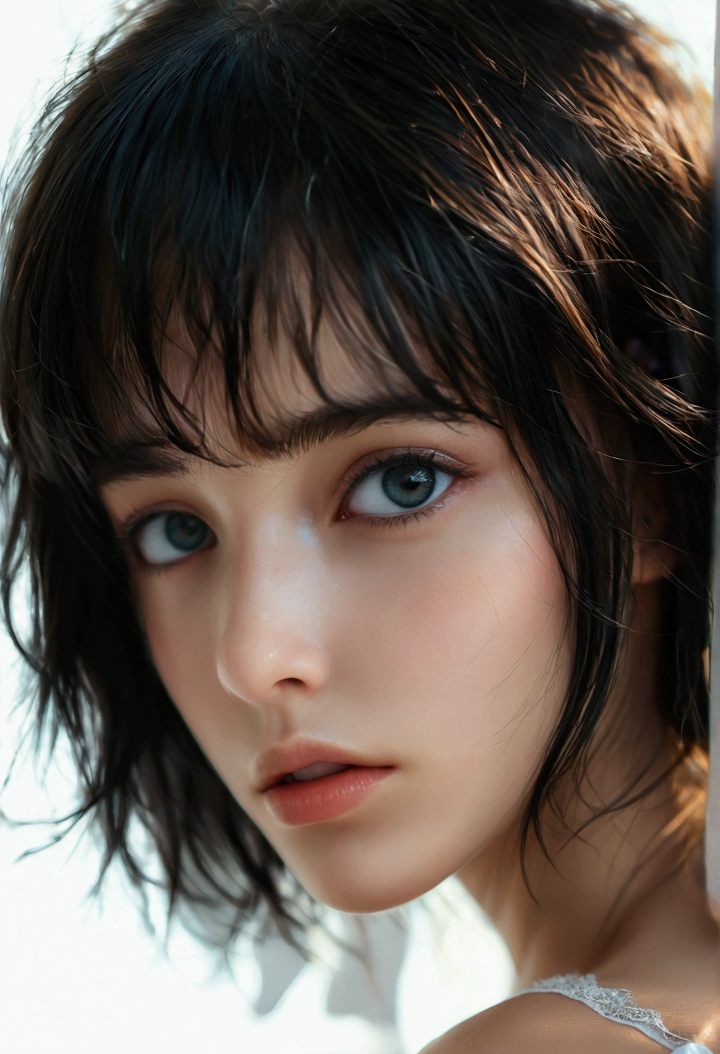 masterpiece, best quality, ultra-detailed, best shadow, beautiful detailed face, beautiful detailed eyes, High contrast,, 1girl, , (flat chest), bangs, hair over one eye, black bare shoulders,, white background:1.3, (face focus:1.3, eye close-up:1.3), ((from behind:1.3)), ass,