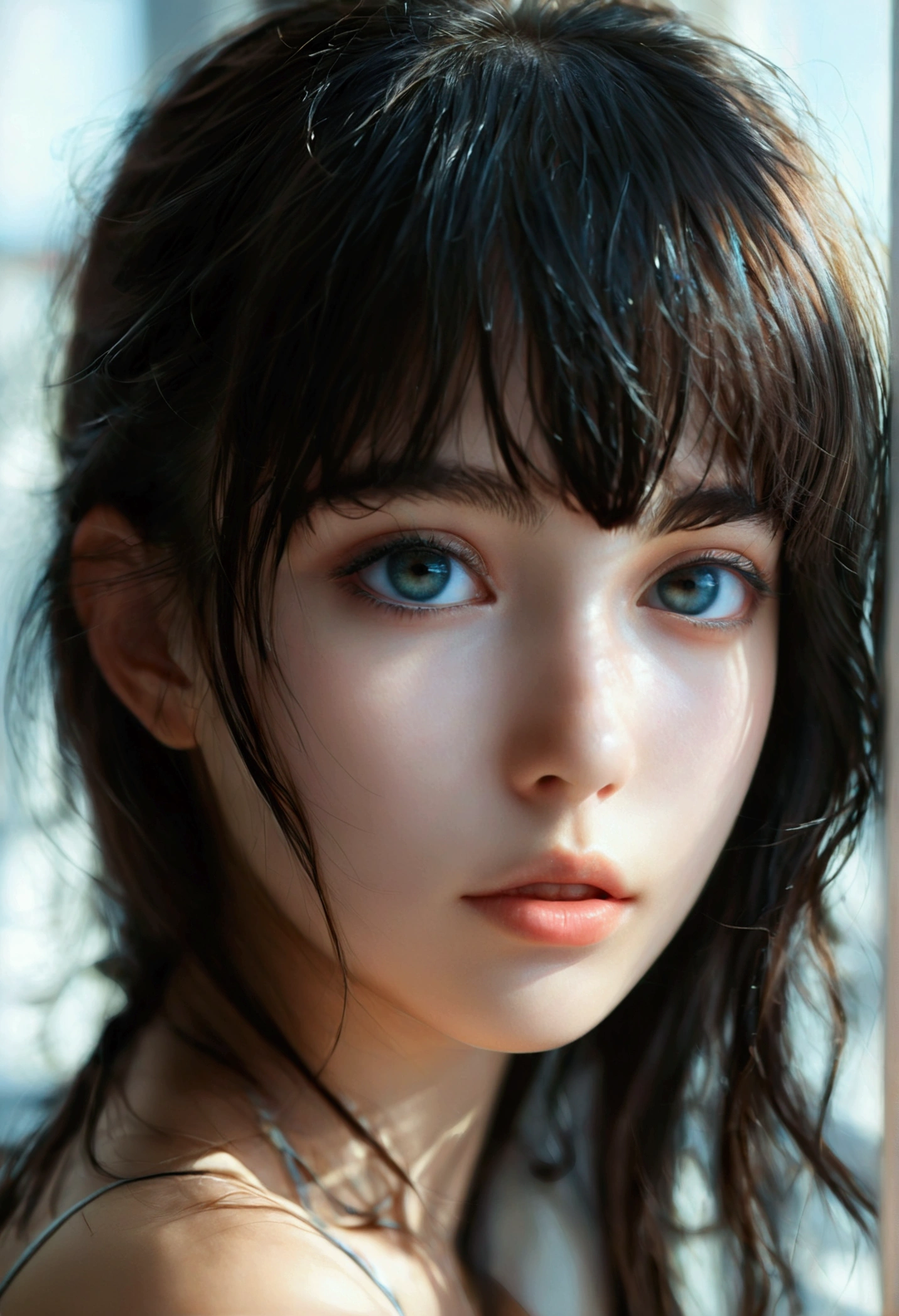 masterpiece, best quality, ultra-detailed, best shadow, beautiful detailed face, beautiful detailed eyes, High contrast,, 1girl, , (flat chest),  bangs, hair over one eye, black  bare shoulders,, white background:1.3,  (face focus:1.3, eye close-up:1.3), ((from behind:1.3)), ass,