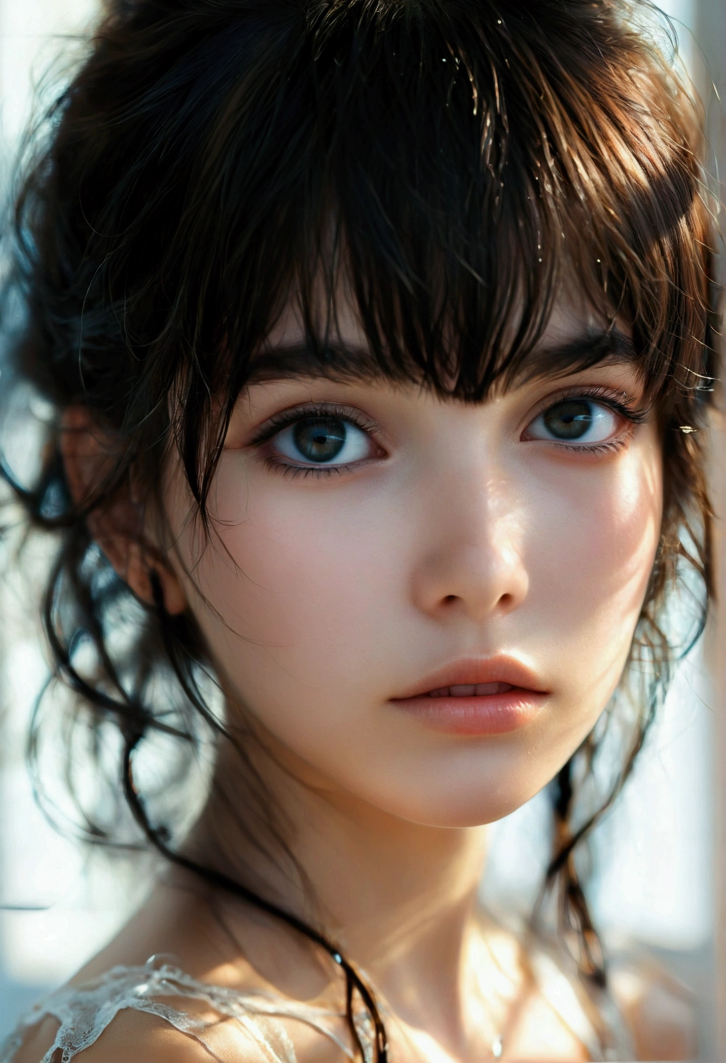 masterpiece, best quality, ultra-detailed, best shadow, beautiful detailed face, beautiful detailed eyes, High contrast,, 1girl, , (flat chest), bangs, hair over one eye, black bare shoulders,, white background:1.3, (face focus:1.3, eye close-up:1.3), ((from behind:1.3)), ass,