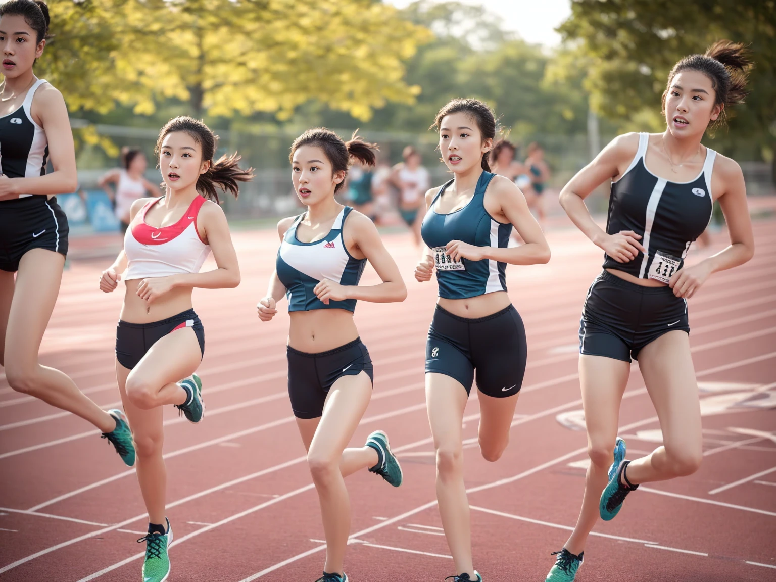 gym、Volleyball Uniforms、A group of 10 girls running side by side、(8K、Super A high resolution、Highest quality、Masterpiece、RAW portrait of a Japanese-American girl、Super A high resolution、Highest quality:1.1) (Big Breasts、Quite large breasts、Cleavage:1.3)(Running Wear、High-legged bloomers、running shoes、Track and field athlete:1.5)(Low - Angle、Driving in the truck lane、Short distance walking、Running with her chest shaking wildly、Sprinting through the university&#39;s track and field stadium:1.4) BREAK(Natural skin texture、Detailed skin、Hyperrealism、Ultra Sharpness)、Intricate details、Character border depth(masterpiece、Highest quality、High definition、Photoreactivity:1.1)、 Happy Smile、short black bob、Big Eye、Clear double eyelids、Clear double eyelids、Small face)(vision、Eye highlight、Light Brown Eyes、Lip gloss)