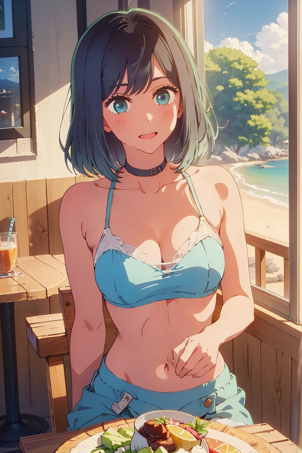 (Highest quality:1.4、masterpiece:1.4、Super detailed:1.4、8K:1.4)、((((1 person、Surprised expression、sit、Indoor cafe terrace、coastal、juice、table、Sandy Beach、juiceのグラスを持つ、Very soft boobs、Big eyes、Very cute face))))、F cup bust、Medium breast、Underboob