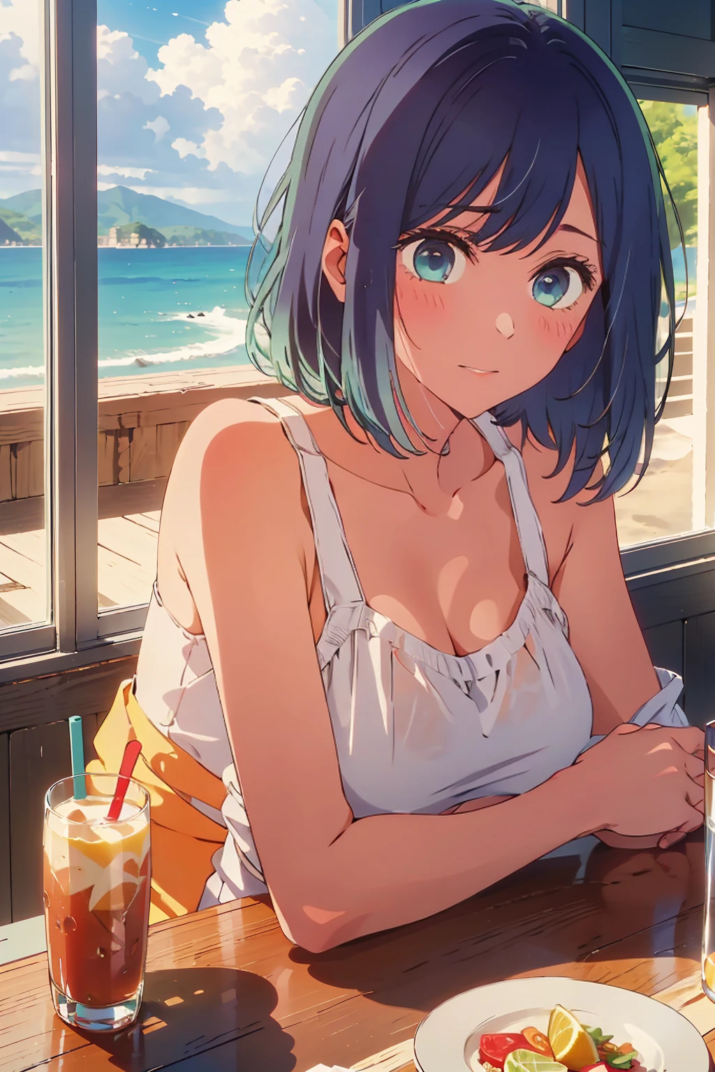 (Highest quality:1.4、masterpiece:1.4、Super detailed:1.4、8K:1.4)、((((1 person、Surprised expression、sit、Indoor cafe terrace、coastal、juice、table、Sandy Beach、juiceのグラスを持つ、Very soft boobs、Big eyes、Very cute face))))、F cup bust、Medium breast、Underboob