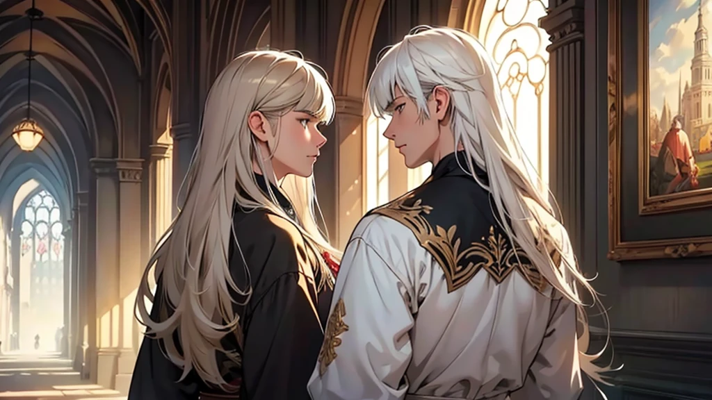 ((best quality)), ((work of art)), ((detailed)), young man with white hair, in profile, staring at woman with long brown hair and bangs, staring back