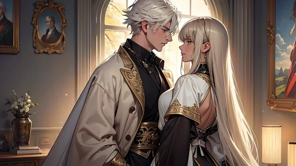 ((best quality)), ((work of art)), ((detailed)), young man with white hair, in profile, staring at woman with long brown hair and bangs, staring back
