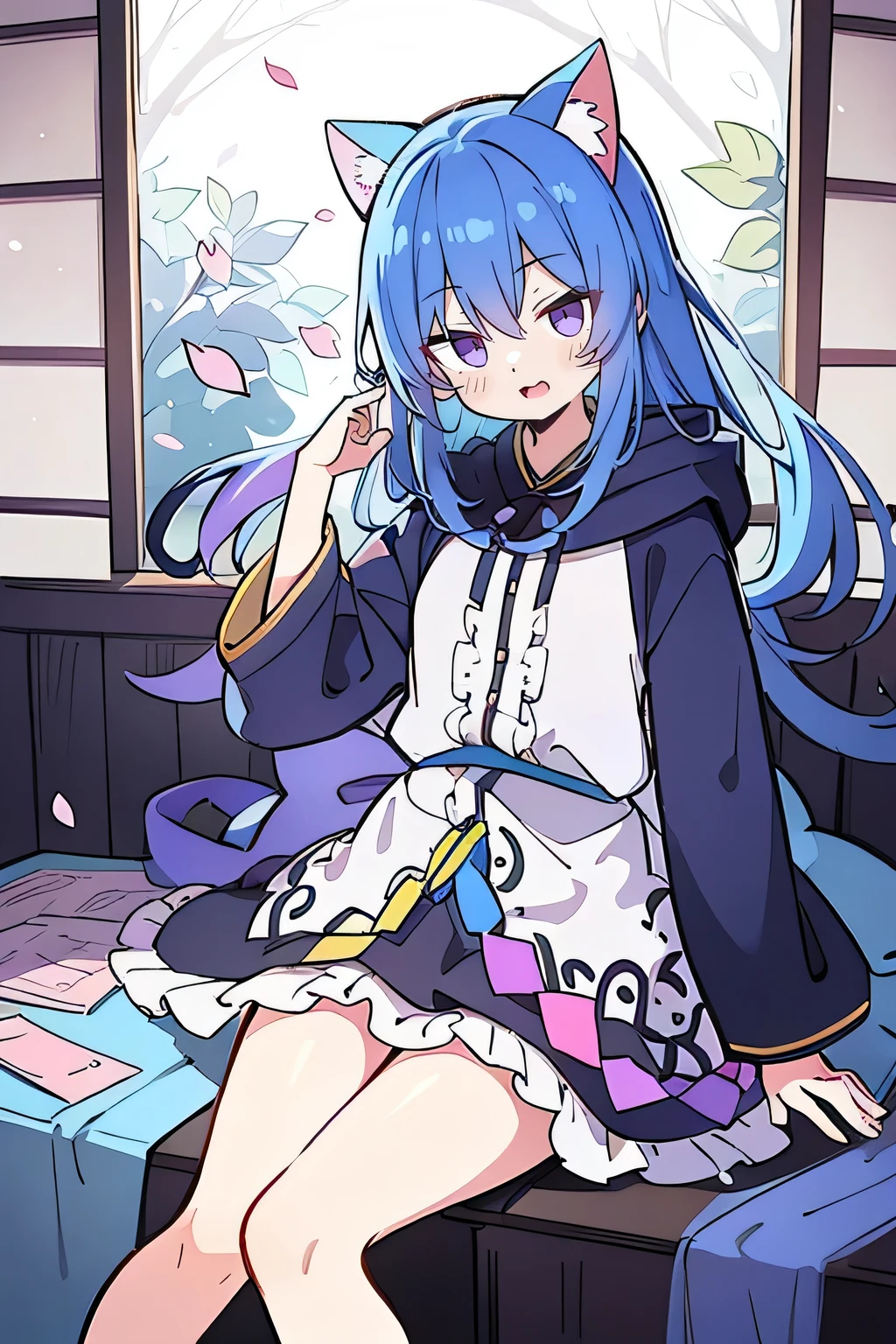 (masterpiece:1.2),Super detailed,lifelike,Expressive eyes,fair skin,perfect face shape,1 girl,
Japanese comics,Gorgeous blue hair,flowing blue hair,flowing clothes,Cat ears,Petals fall,beautiful lola,Baby Angel,
Shaking head with one hand,Cross your legs,Gentle and peaceful background,The pavilion is cool and comfortable,smile, wearing hoodie, In front of the window,snowing,Clear sky,Witch costume。