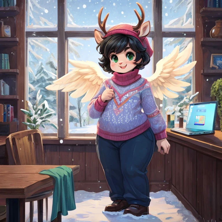 Cute, deer boy, small deer antlers, innocent, chubby, fat, big thighs, androgynous, femboy, short curly hair, black hair, fawn spots, freakles, ((cute)), smiling, wearing cottage core outfit, pastel color scheme, young, cartoony, adorable, deer tail, moss green eyes, angel wings, dynamic pose, excited pose, energetic pose, happy pose, winter, winter clothes, white and blue color scheme, winter colors, snow, ice, snowing, falling snow, snowflakes, wearing a colorful longline wool coat over a fine-knit cashmere sweater in black with wide-leg trousers in black with leather gloves a simple beanie and a structured tote bag along and minimalist leather loafers with a statement watch and geometric jewelry, inside a coffeeshop writing on a notebook, computer, laptop next to a big window, low-fi girl pose,