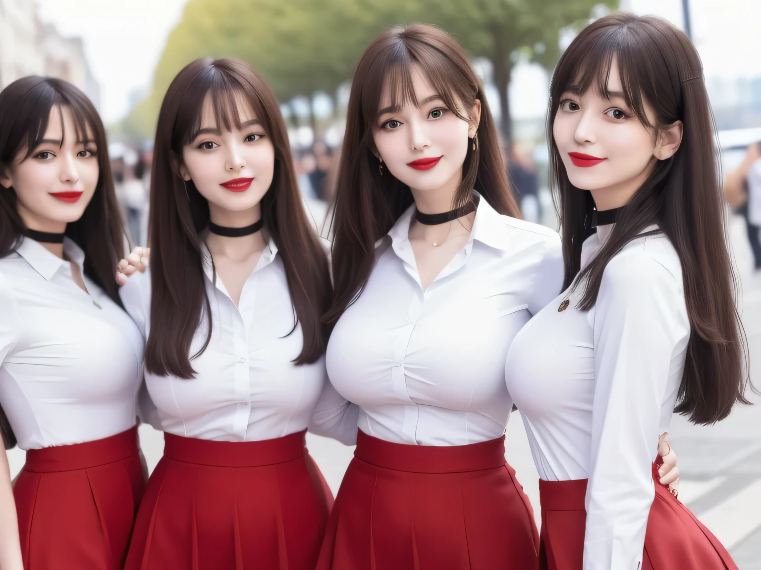 Group photo, Crowded, Straight long hair, Brown Hair, sexy, A line of women, Women waiting in line, Only women, Sisters, ((tight white shirt、mini skirt)),Full body photo:1.9, Adorable, smile, Slim face, the body is slim, ロングBrown Hair, 32k, masterpiece, Best image quality,Ultra-high resolution,Perfect hands,Black Choker、bangs、Very lush and long eyelashes, Lots of women、((Big Breasts)), Dependents, Big Breasts, Red lipstick, terrace, blue sky