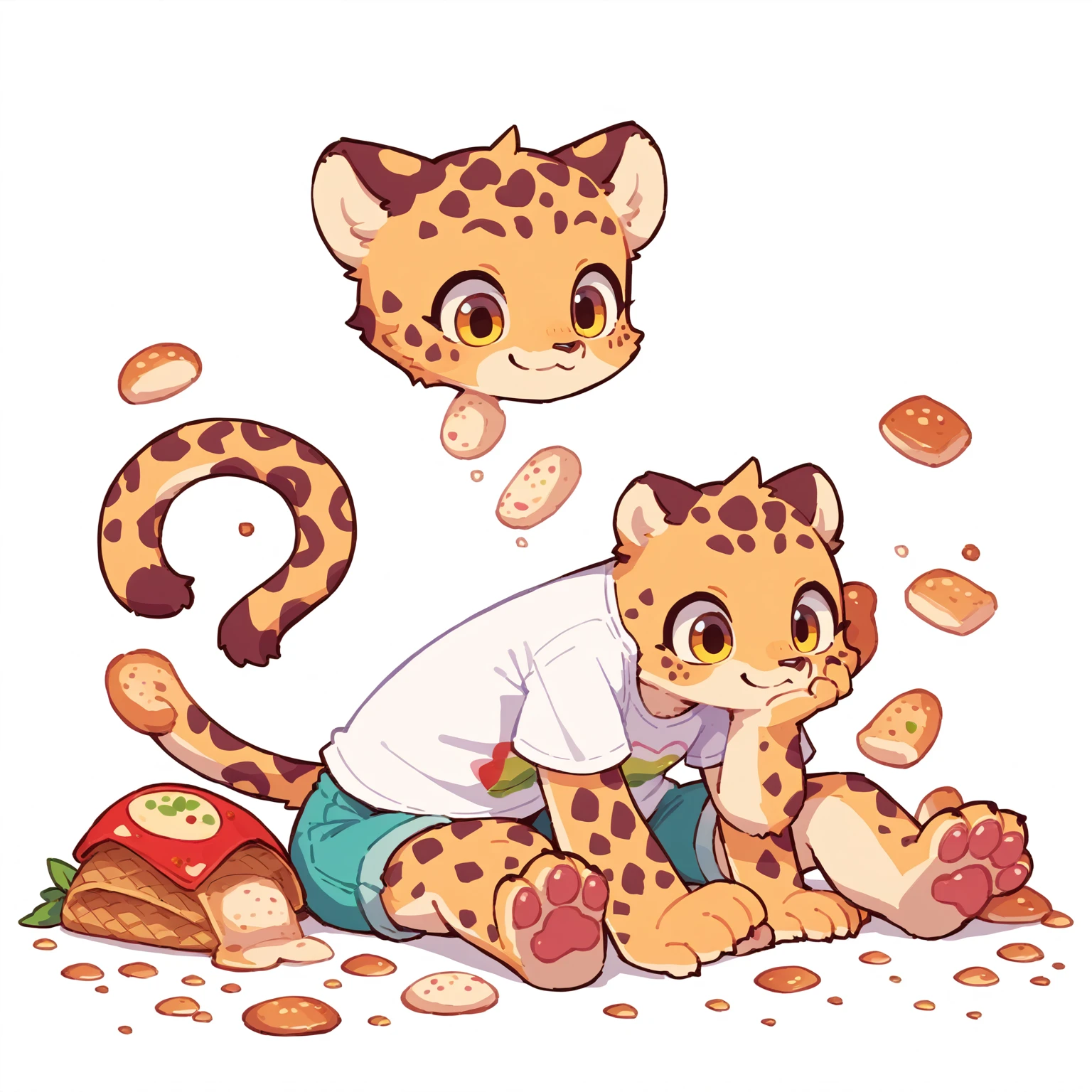 The Q version of the cute Jaguar, kemono, sitting, moving legs, vibing, cute smile, white background, t-shirt, shorts, paws, beans, full body
