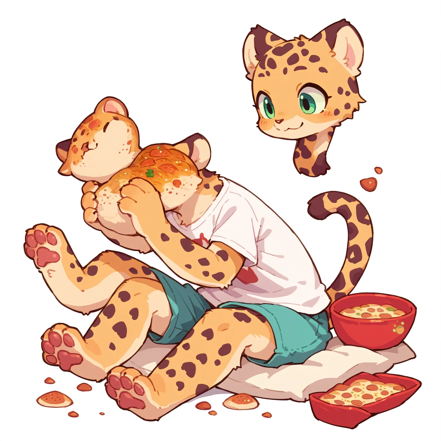 The Q version of the cute Jaguar, kemono,  sitting, moving legs, vibing, cute smile, white background, t-shirt, shorts, paws, beans, full body