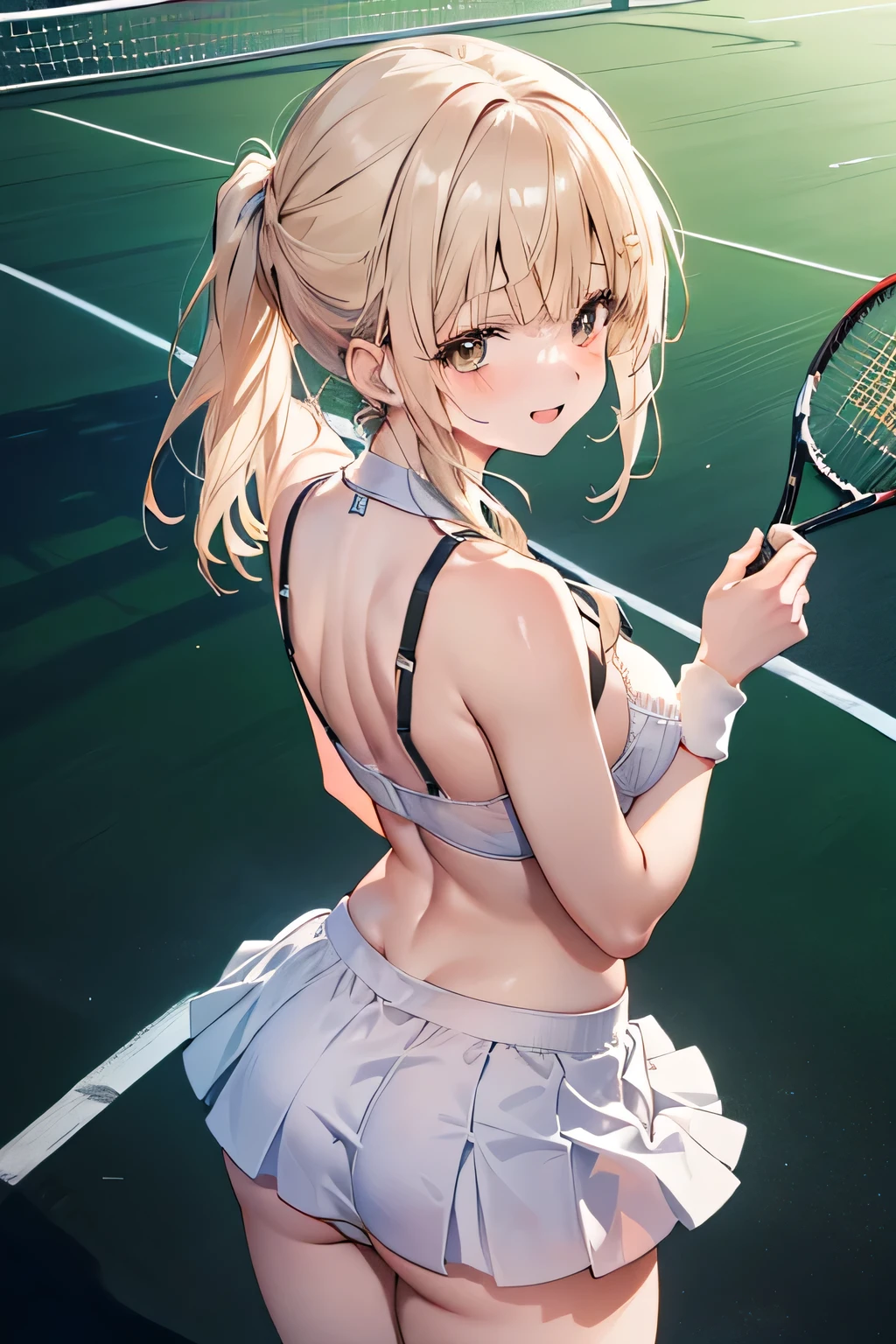 1girl ,(Shiina Mahiru,mahiru shiina), Long Hair,bangs,happy smile, smile, Open your mouth,((nsfw,full,Tennis Wear,White shirt,White mini skirt,Panty shot,White panties,White bra)),Real Summer,Daytime,sunny,My hair is blowing in the wind,whole bodyがイラストに入るように,Slender body,
break outdoors, School,Tennis court,
break looking at viewer,Beautiful breasts,Wide opening,Medium chest,whole body,((Breast flash,back,Back view,Stick your butt out,Top view))
break (masterpiece:1.2), Highest quality, High resolution, unity 8k wallpaper, (shape:0.8), (Beautiful details:1.6), Highly detailed face, Perfect lighting, Extremely detailed CG, (Perfect hands, Perfect Anatomy),