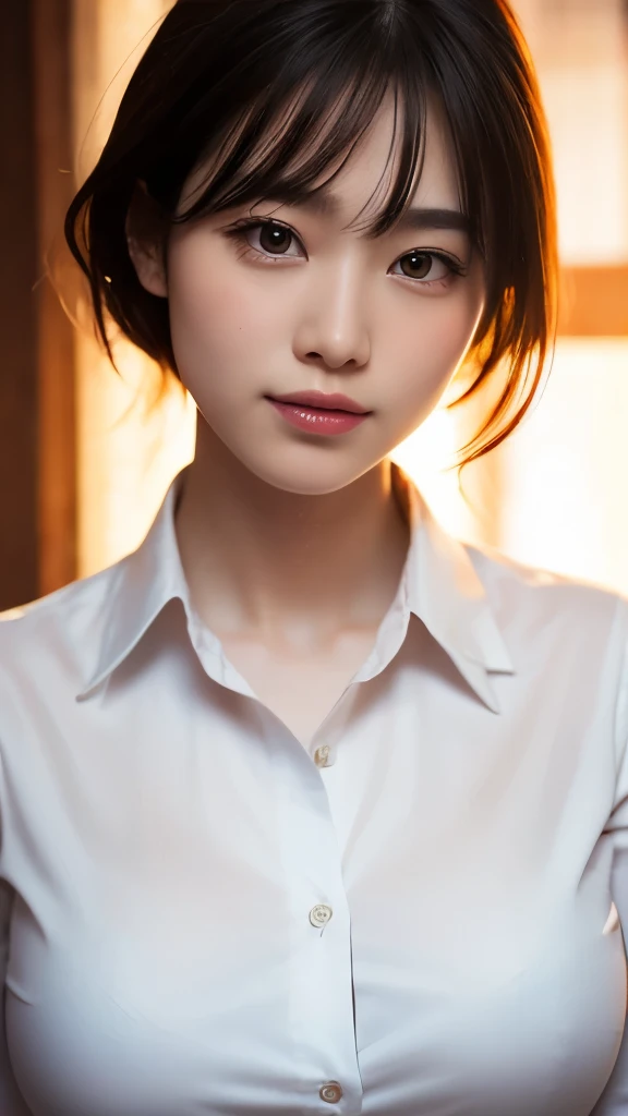 8K,Highest quality,(masterpiece:1.2),(Realistic),(Realistic:1.37),Ultra-high resolution,One Woman,smile,((Big Breasts)),Beautiful Eyes,(((White shirt))),Perfect body,Perfect Fingers,Professional Lighting,gravure,Detailed face and skin texture,Fine grain,RAW Photos