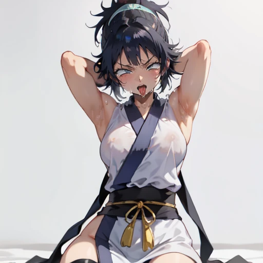 1girl, (ahegao),(muscle1.4), (masterpiece:1.3), (high resolution), (8K), (extremely detailed), (4k), (pixiv), perfect face, nice eyes and face, (best quality), (super detailed), detailed face and eyes, (solo), textured skin, absurdres, highres, wzkomachine, white eyes, Small breasts, sash, bike shorts, short sleeves, bangs, black gloves, fingerless gloves, long hair, black hair,ponytail, japanese clothes, kimono, sitting on floor, looking at viewer,Nipple exposure,Sexy, flirtatious, Solitary, eternity, - Hip vents, No underwear,No eyeballs, Also available in black, low twin braids,Facing the audience, looking at the audience, tired, from below, (Exposed armpit:1.1), ((armpit:1.2)), sexy, Sweating, More and more sweat,(ahegao), (Roll your eyes), Naughty face, blush, open mouth, Sticking out tongue, saliva, Slobber,Skinny, raise arms, (arms above head:1.5)