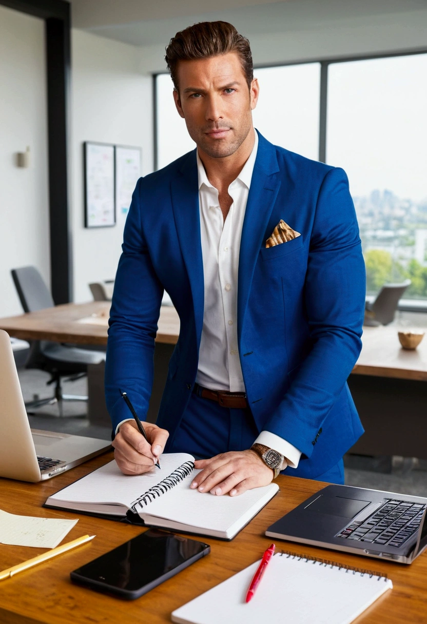 Create a realistic, dynamic portrait of a handsome, determined man setting clear goals. The man should be standing in a modern office environment, exuding confidence and focus. He has a strong, determined expression on his face, with eyes that convey clarity and purpose. The man is dressed professionally in business attire, such as a tailored suit or smart casual wear. He is holding a notebook or planner in one hand and a pen in the other, emphasizing his intent to write down his goals. The background includes elements like a desk with a laptop, a whiteboard with diagrams and notes, and large windows that allow natural light to flood the room, creating a bright and inspiring atmosphere. The lighting is natural and enhances the details of the man's features, highlighting his attractiveness, determination, and focus.