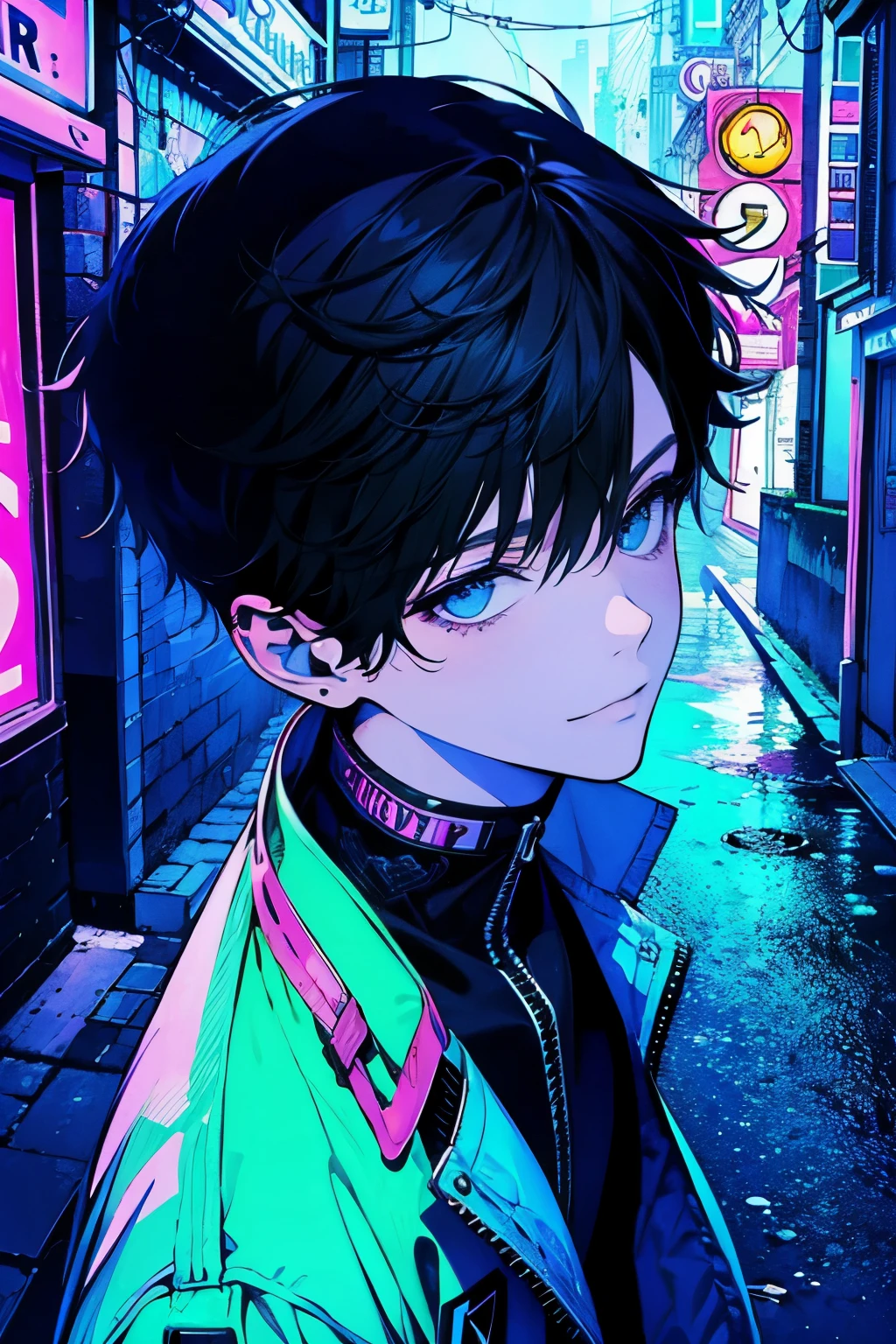 High quality, amount of drawing, pixiv illustration, PVC Jacket, aurora jacket, Beautiful young man, Black hair, Short hair, aurora fabric, hologram article,aurora seat jacket, White undershirt, light gray jeans, Decisive Pose, White background, A refreshing smile,((bustling street,alley,Neon Signs:1.3)),(squat:1.25),((side view:1.2)),((Looking up、Top view:1.15)),(nights:1.45).