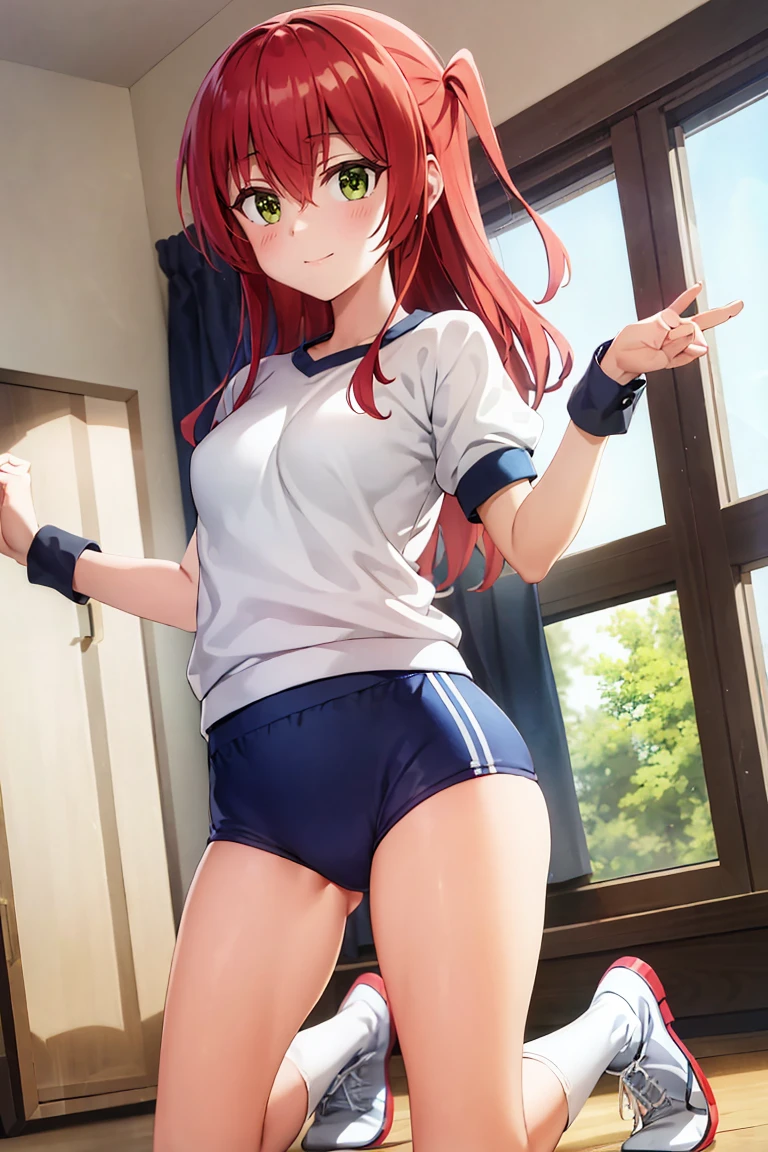 room, 1 Girl, Highest quality, Ultra-high resolution, Long Hair, Redhead, Green Eyes,Looking at the audience, Small breasts , smile, Open your mouth、(Navy blue cuffs and white short-sleeved gym uniform)、(Navy Blue Bloomers)、(
barefoot)、Navy blue socks、sports boots、Ground、Schoolyard、Sexy pose