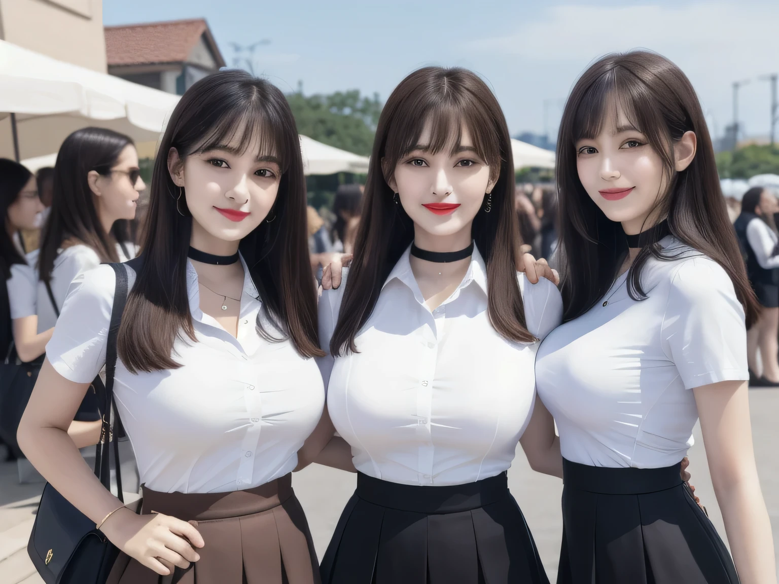 Group photo, Crowded, Straight long hair, Brown Hair, sexy, A line of women, Women waiting in line, Only women, Sisters, ((tight white shirt、mini skirt)),Full body photo:1.9, Adorable, smile, Slim face, the body is slim, ロングBrown Hair, 32k, masterpiece, Best image quality,Ultra-high resolution,Perfect hands,Black Choker、bangs、Very lush and long eyelashes, Lots of women、((Big Breasts)), Dependents, Big Breasts, Red lipstick, terrace, blue sky