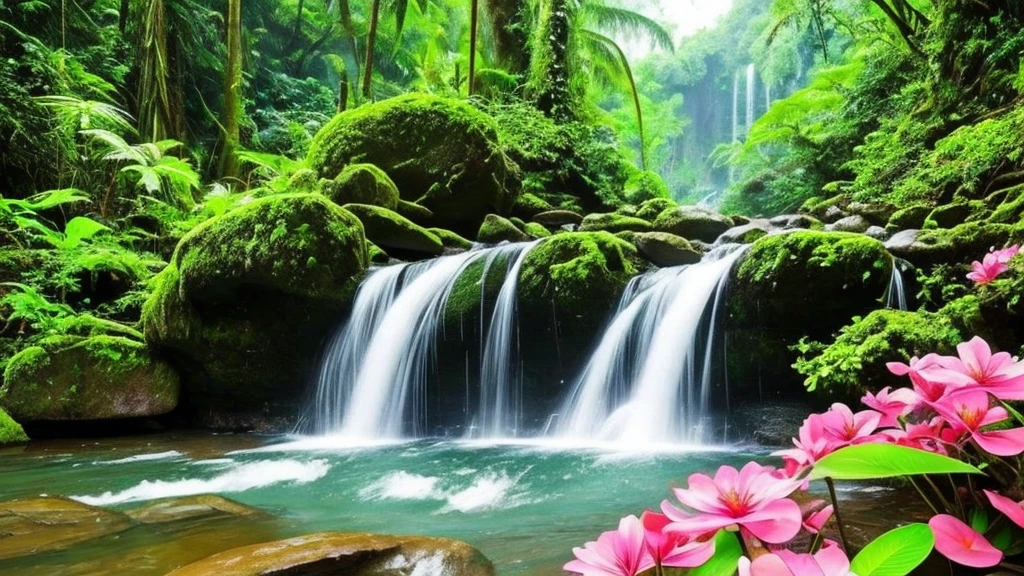 there is a waterfall in the middle of a jungle with a pink flower, peaceful beautiful waterfall, nature wallpaper, waterfall background, beatiful backgrounds, floating waterfalls, flowers and waterfalls, waterfalls and lakes, beautiful wallpaper, amazing wallpaper, beautiful waterfall, waterfall backdrop, beautiful stunning waterfall, stunning screensaver, stunning nature in background, hd wallpaper, stunning waterfall, lakes and waterfalls
