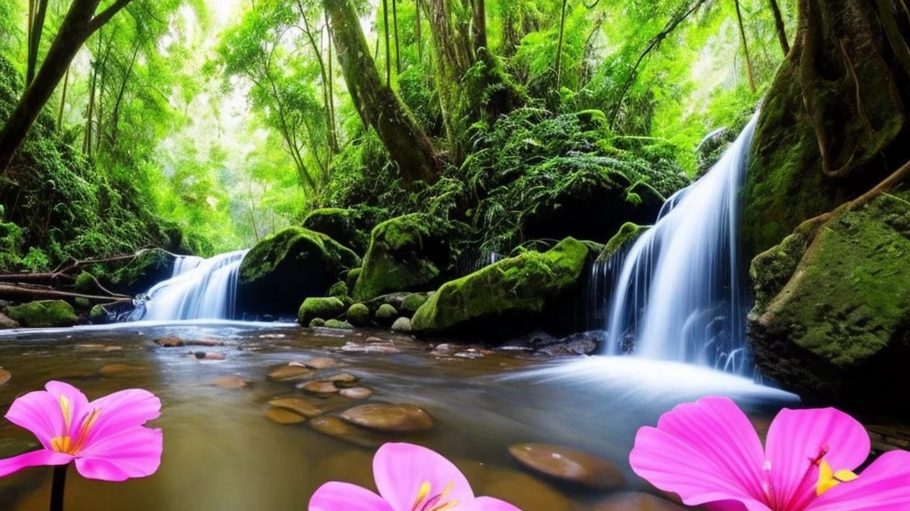 there is a waterfall in the middle of a jungle with a pink flower, peaceful beautiful waterfall, nature wallpaper, waterfall background, beatiful backgrounds, floating waterfalls, flowers and waterfalls, waterfalls and lakes, beautiful wallpaper, amazing wallpaper, beautiful waterfall, waterfall backdrop, beautiful stunning waterfall, stunning screensaver, stunning nature in background, hd wallpaper, stunning waterfall, lakes and waterfalls