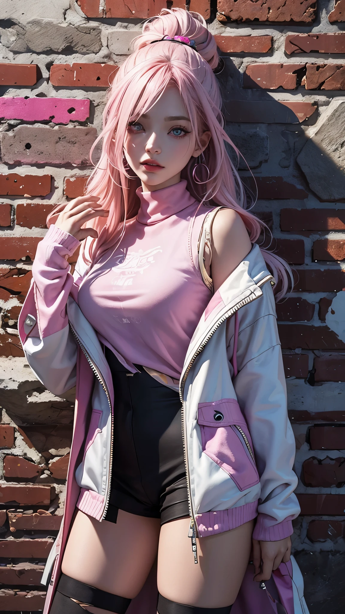 score_9,score_8_up,score_7_up,detailed,1girl,solo,intricate details,chromatic aberration,realistic,long hair,pink hair,red head ornament,pink highlights,hair over one eye,purple eyes,earrings,sharp eyes,choker,neon shirt,torn legwear,open jacket,turtleneck sweater,night,against wall,brick wall,graffiti,dim lighting,alley,looking at viewer,