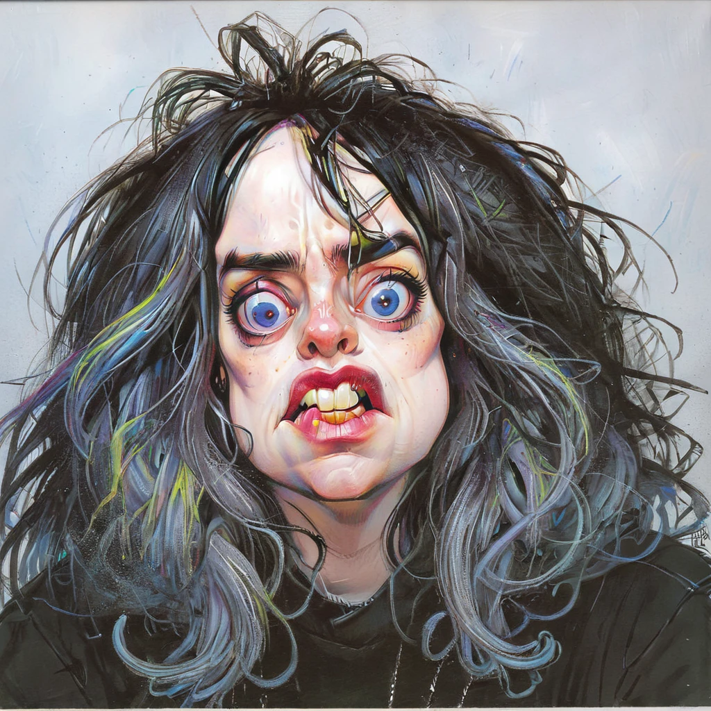 trippy kruger style, kru3ger_style caricature of billie eilish